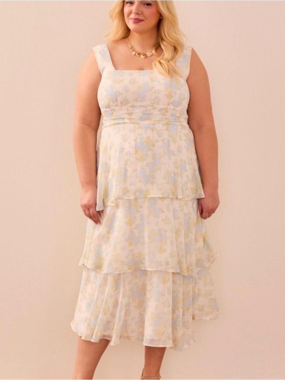 NWT Arula Eliana Tiered Floral Midi Dress Plus Size 1X Ivory Blue Tiered Shimmer